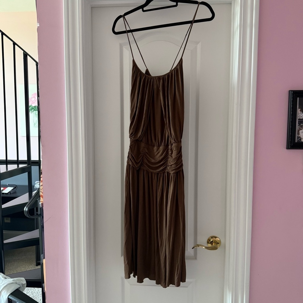 BCBGMaxAzria Brown Midi Dress with Spaghetti Straps Strappy Ties